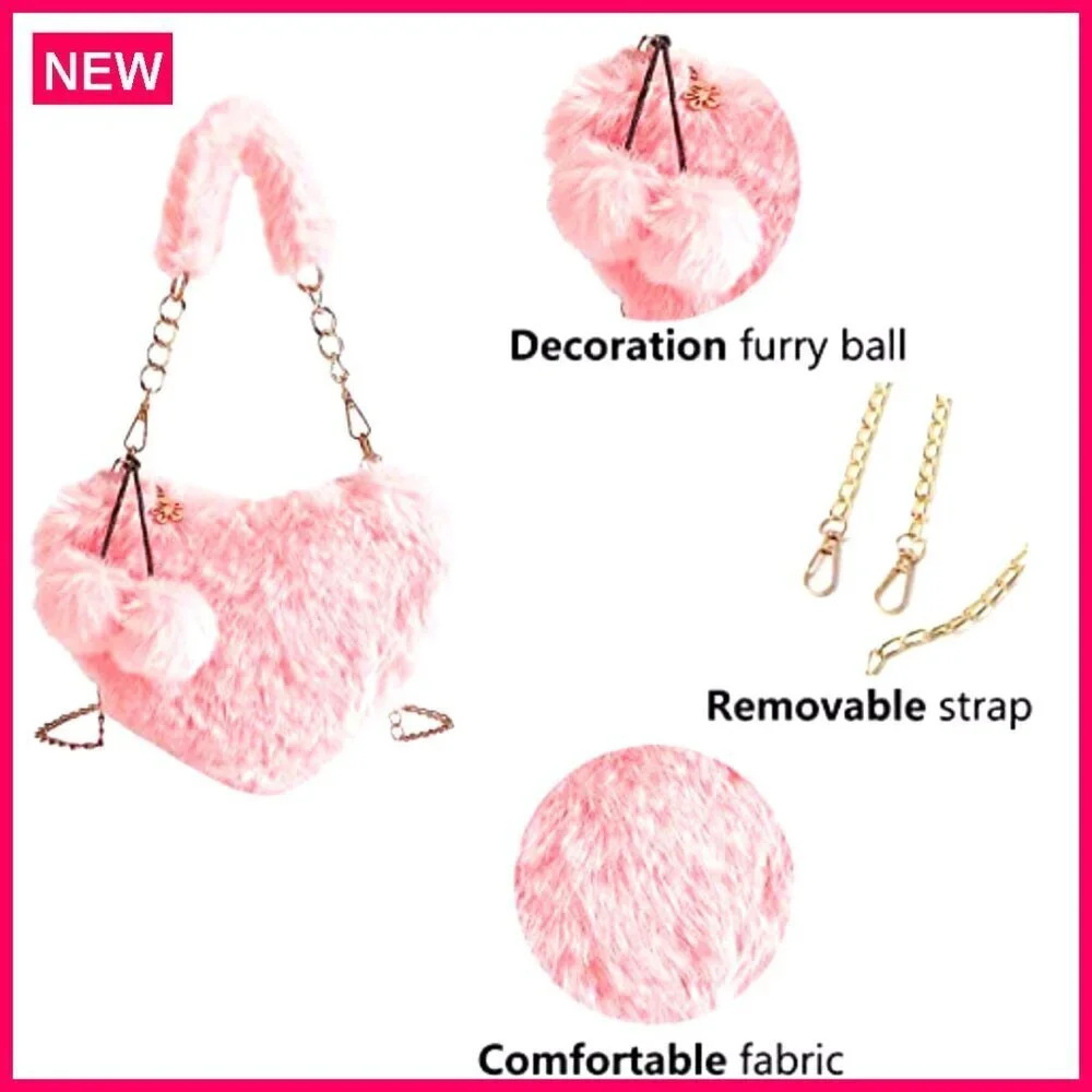 Furry Heart Shaped Crossbody Purse for Girls, 9.2x8 Inches, Soft Faux Fur